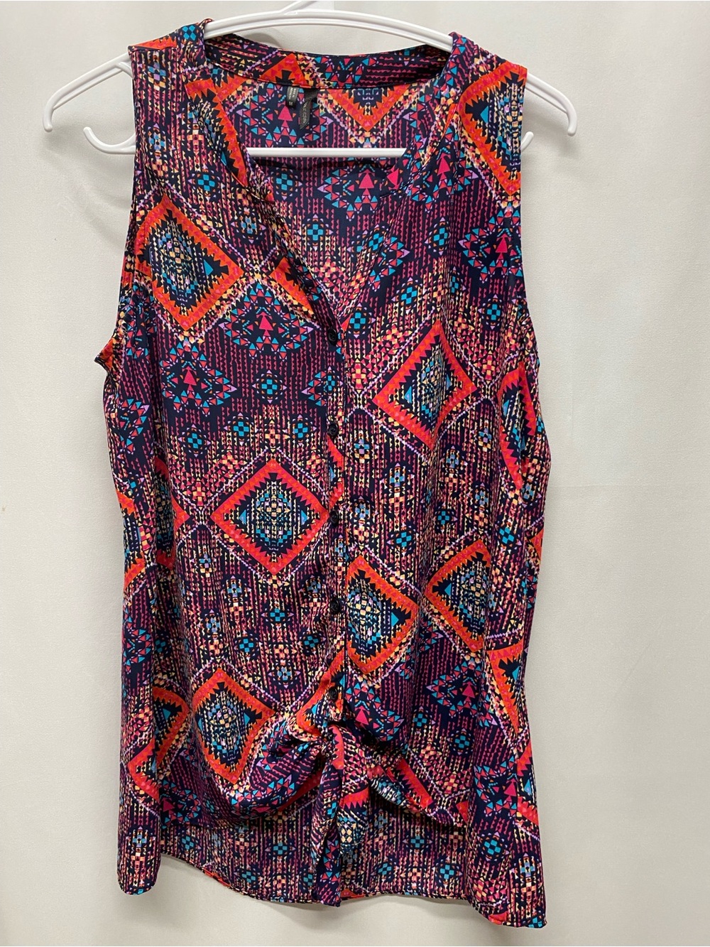 Boho womens medium tank top shirt blouse colorful western button tie front